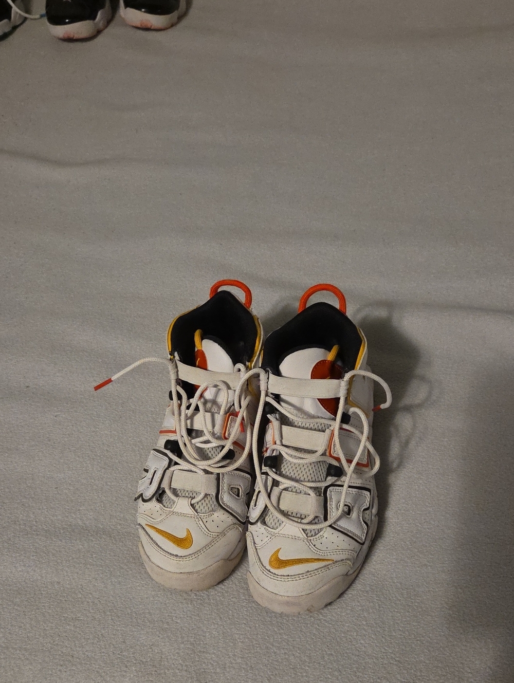 Nike Uptempo Kids 6Y White Sneakers with Yellow & Orange Accents